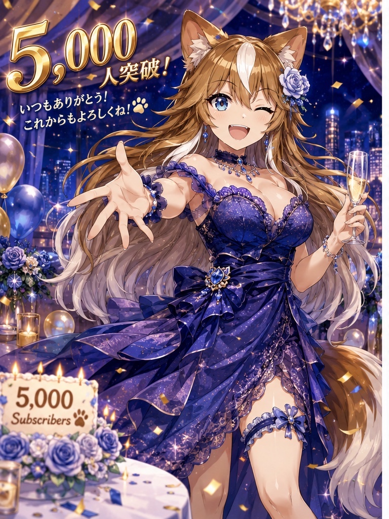 登録者5,000人突破を記念して、紺色のドレス姿で感謝を伝えるさたなちゃん