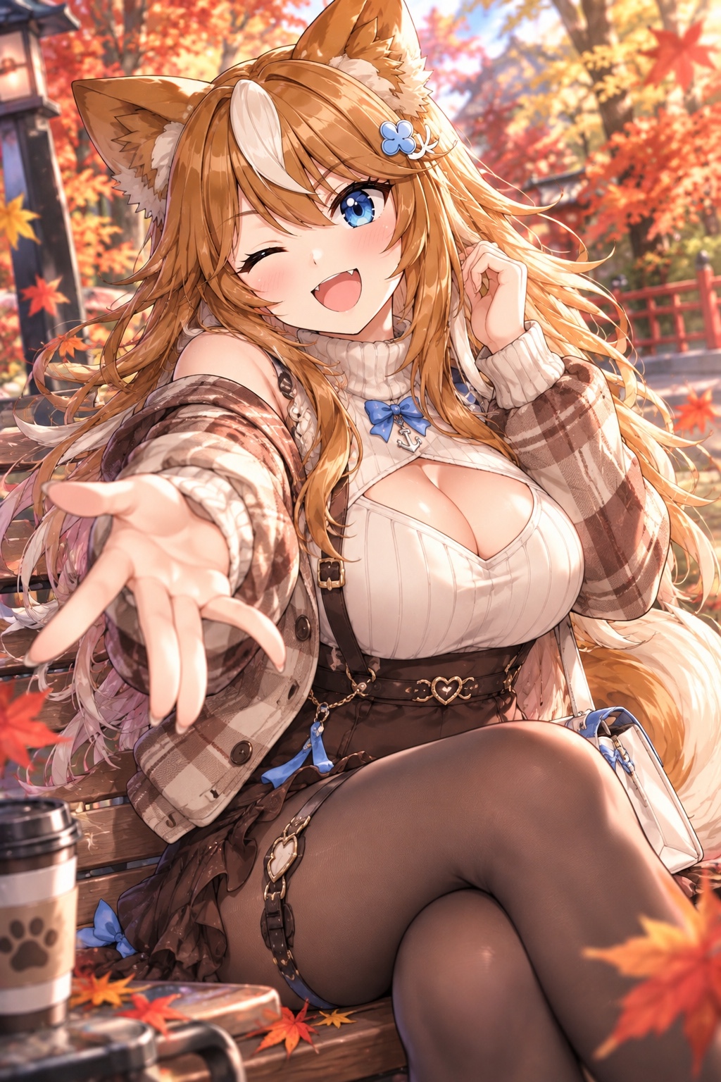 紅葉の神社でチェック柄の秋服を着て手を差し伸べるさたなちゃん