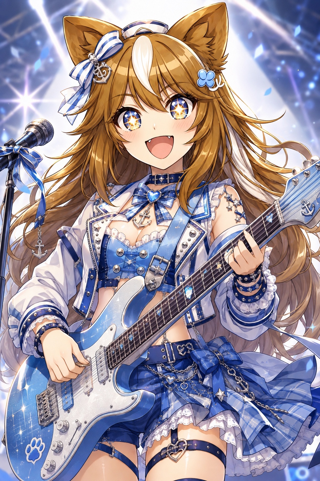 星形のハイライトを瞳に浮かべ、青いギターを演奏するバンドガール姿のさたなちゃん