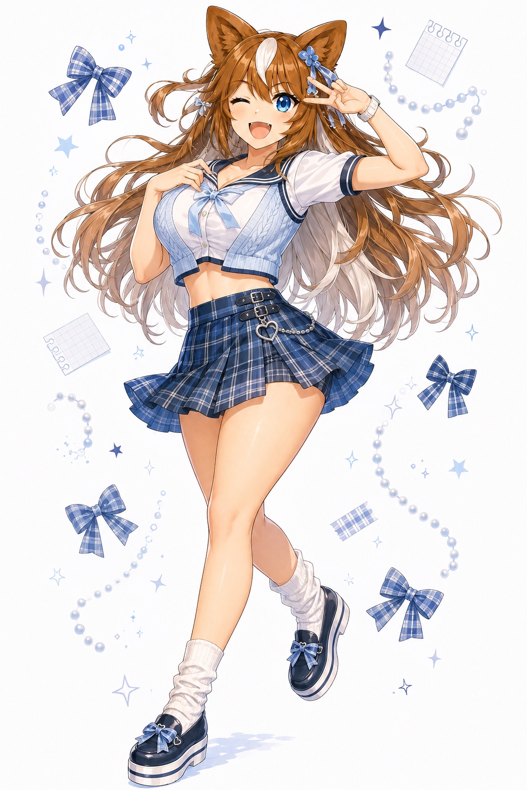 白いシャツと水色のニット、青いチェック柄のプリーツスカートでポーズを取るさたなちゃん