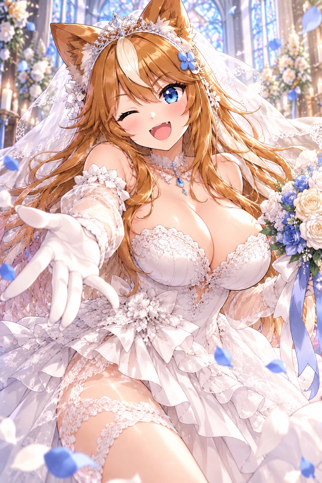 青と白の花に囲まれた教会でウェディングドレス姿のさたなちゃん