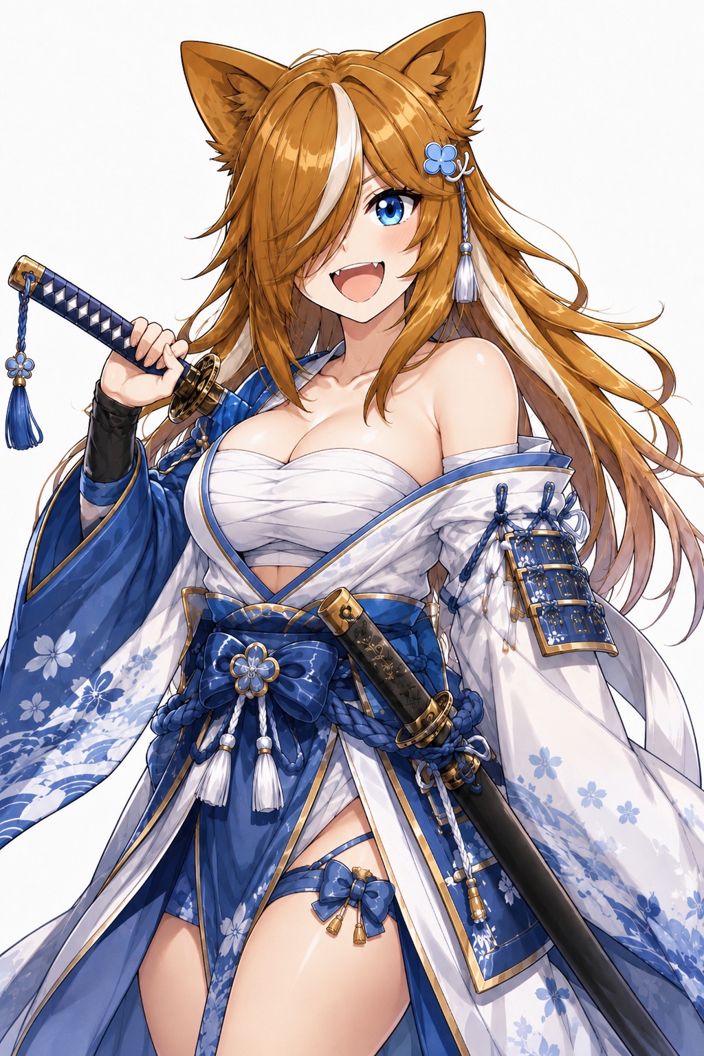 青と白の華やかな和装で刀を携える侍姿のさたなちゃん