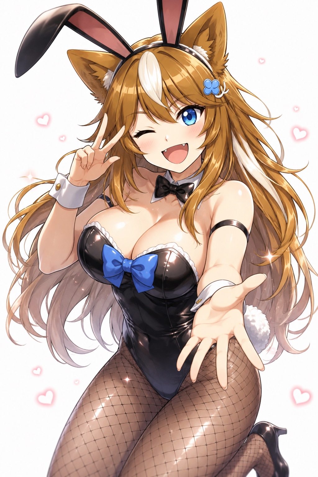 黒いバニースーツ姿でウインクしながら手を差し伸べるさたなちゃん
