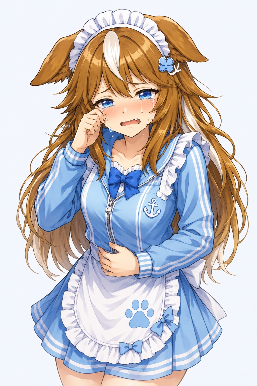 涙を流しながら目元をぬぐうジャージメイド姿のさたなちゃん