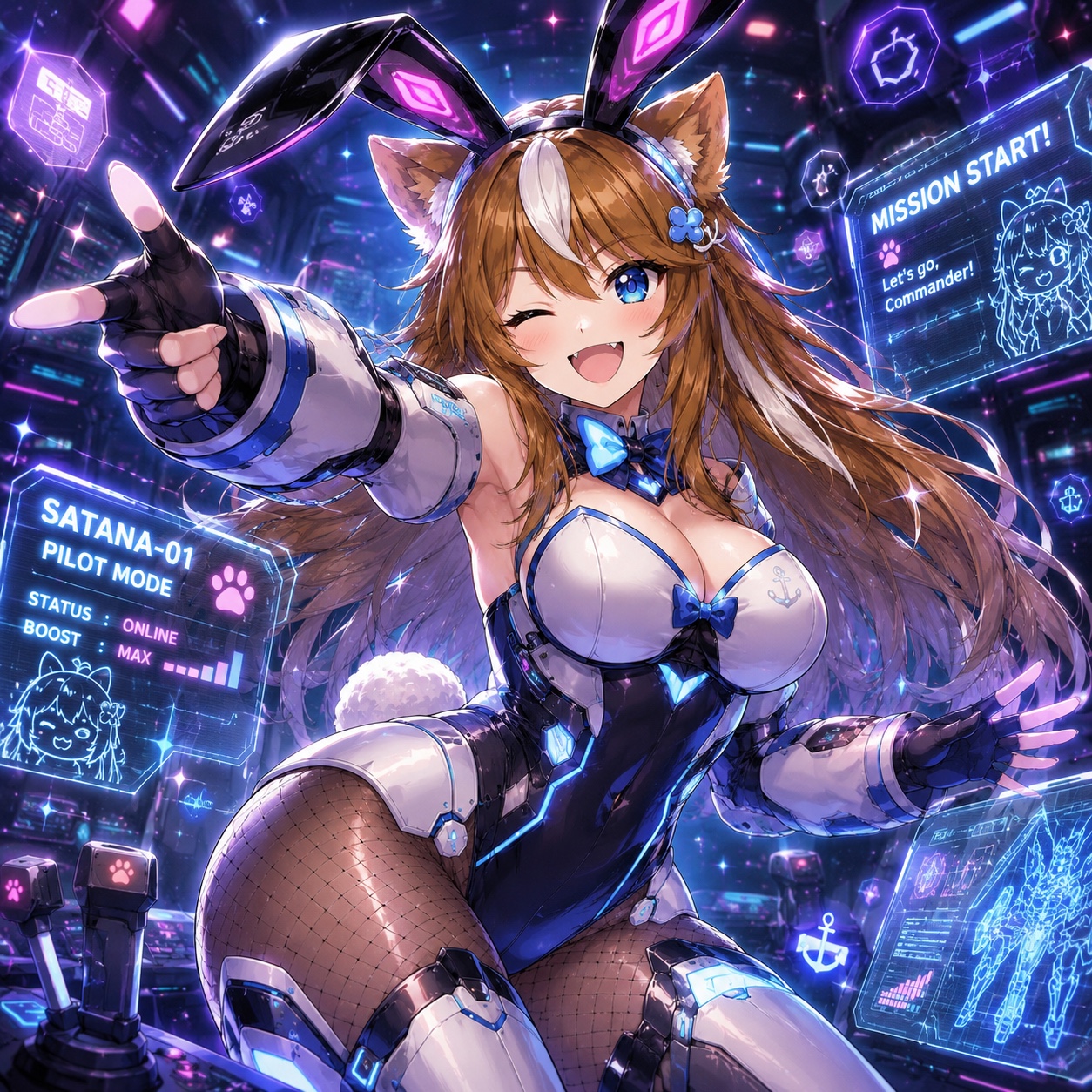 ネオンに輝く未来的なコックピットでポーズを決めるバニーパイロット姿のさたなちゃん
