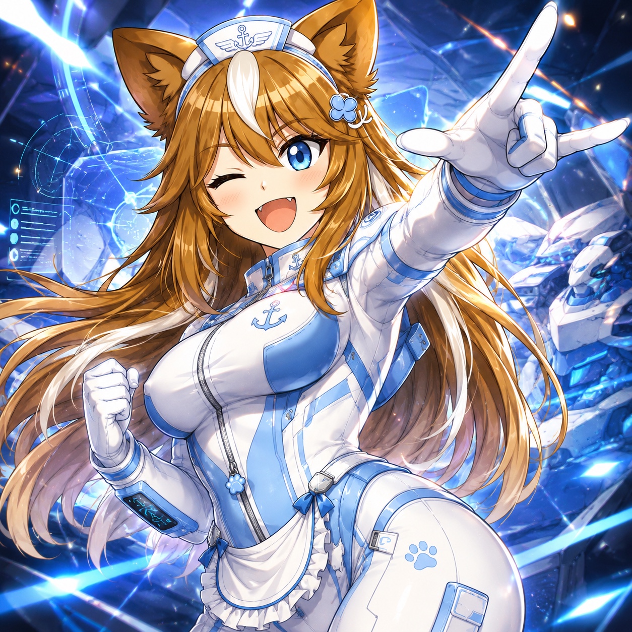 青く輝く未来的なコックピットで、白と水色のパイロットスーツを着てポーズを決めるさたなちゃん