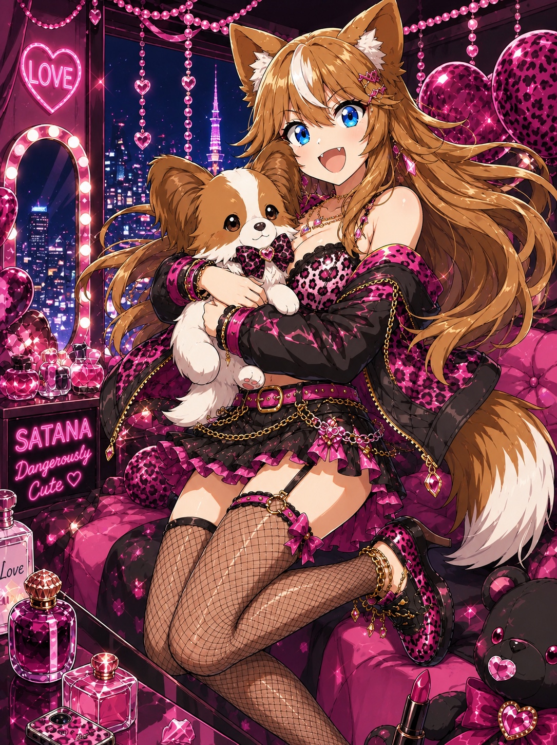 ピンクと黒のギャル衣装でパピヨンを抱く、ネオンに囲まれたさたなちゃん