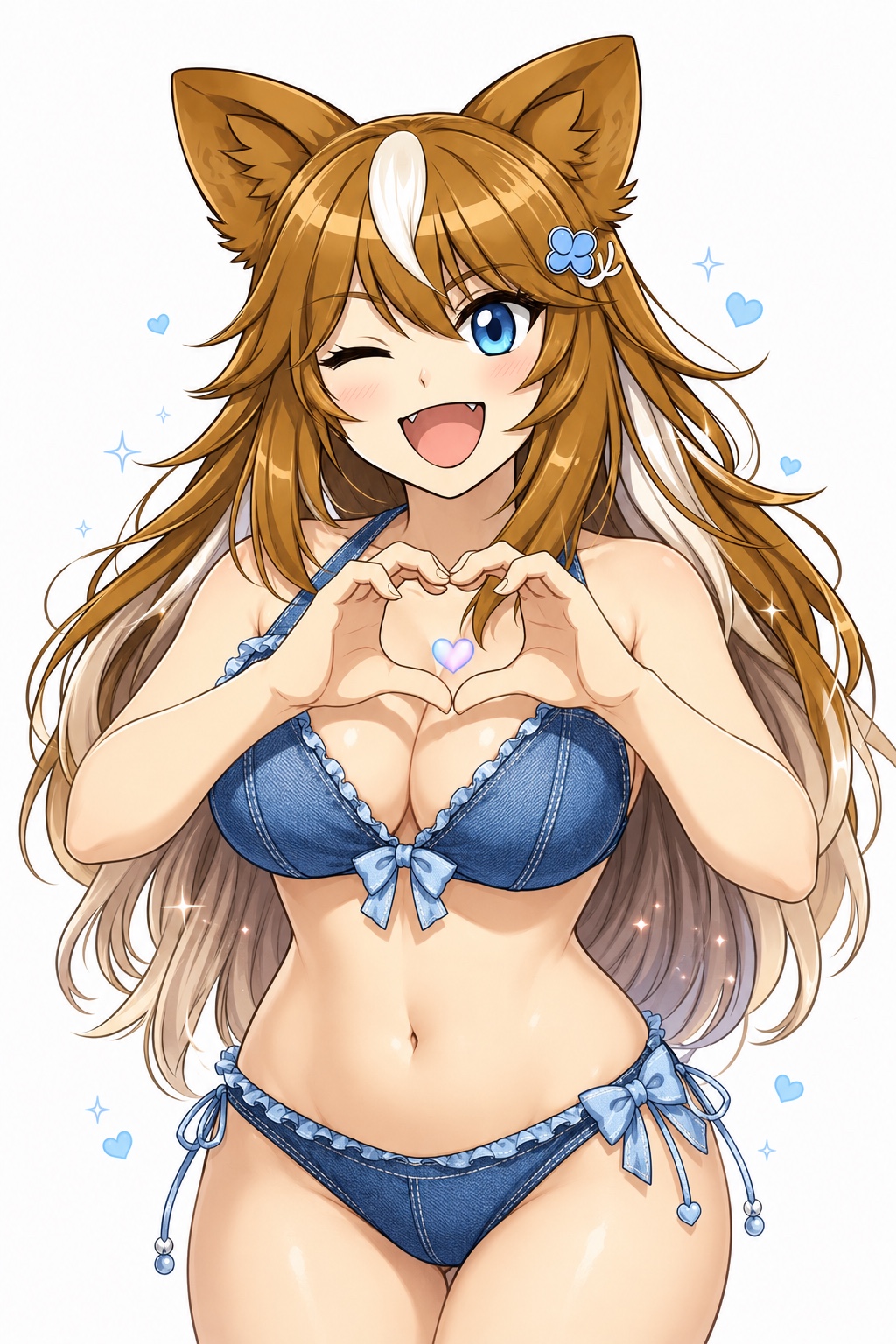 リボン付きのデニム水着で、胸元に手のハートを作るさたなちゃん
