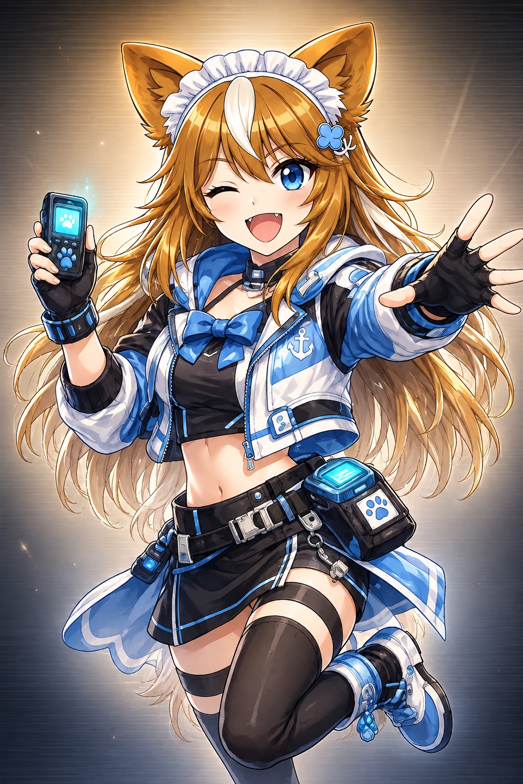 青と黒のサイバーな冒険服で端末を持ち、笑顔で手を差し伸べるさたなちゃん