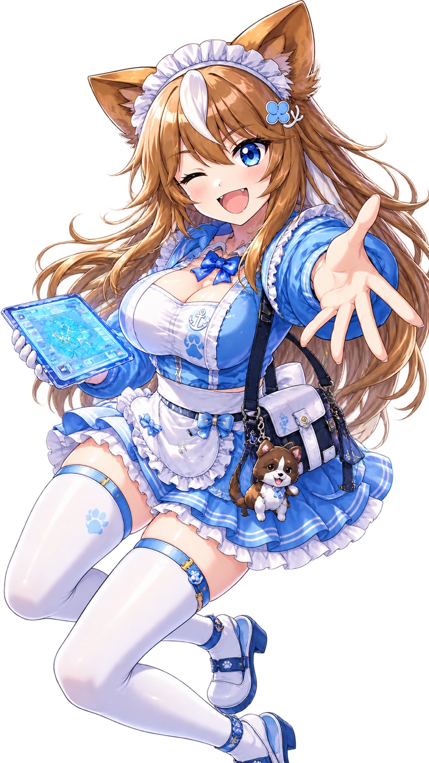 青いジャージメイド衣装でタブレットを持ち、笑顔で手を差し伸べるさたなちゃん