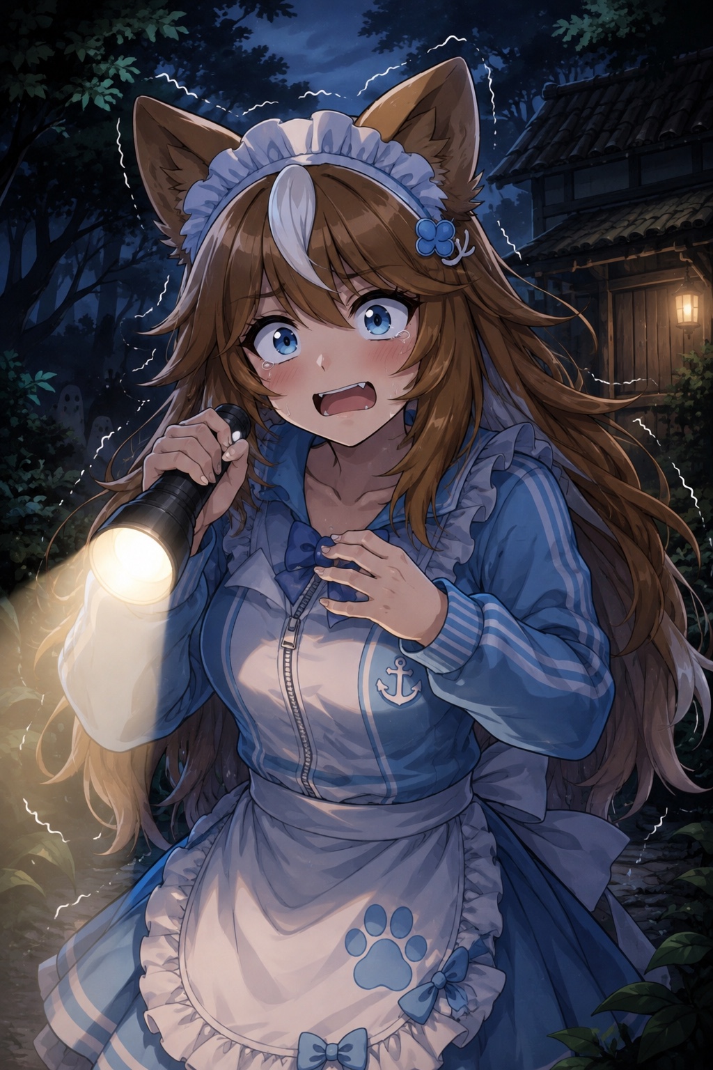 暗い森の中で懐中電灯を持ち、驚いた表情で周囲を見渡すさたなちゃん