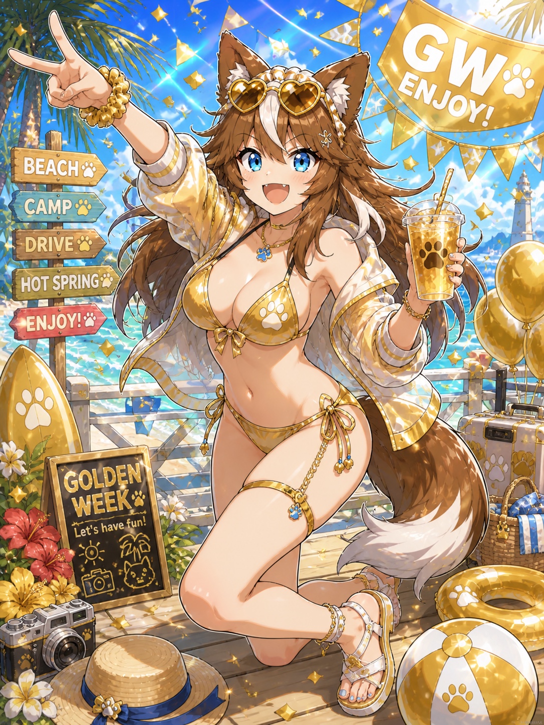 金色の水着とパーカーでドリンクを手に、海辺の休日を楽しむさたなちゃん