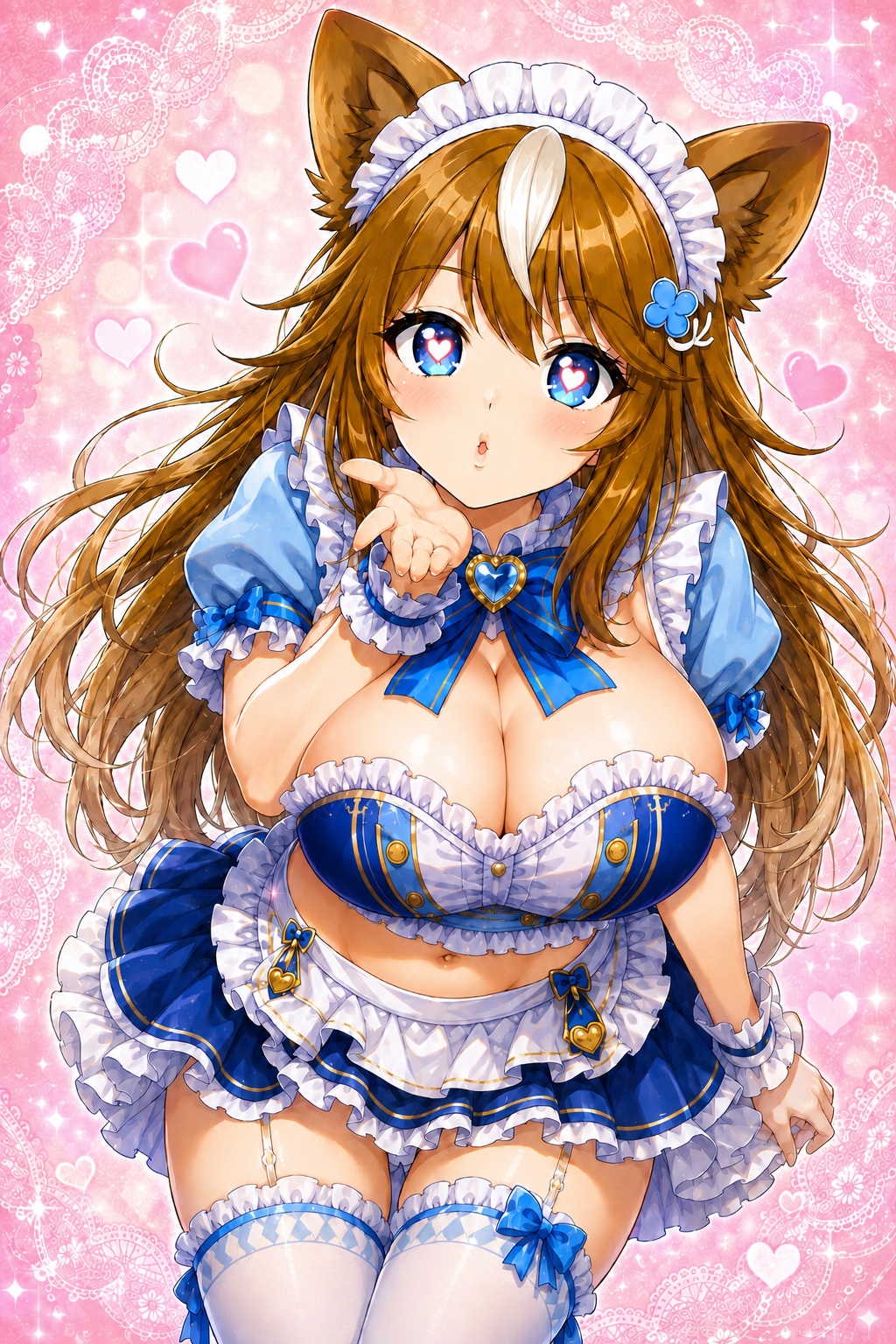 ピンクのハートに囲まれ、青いコルセット風メイド衣装で投げキッスをするさたなちゃん