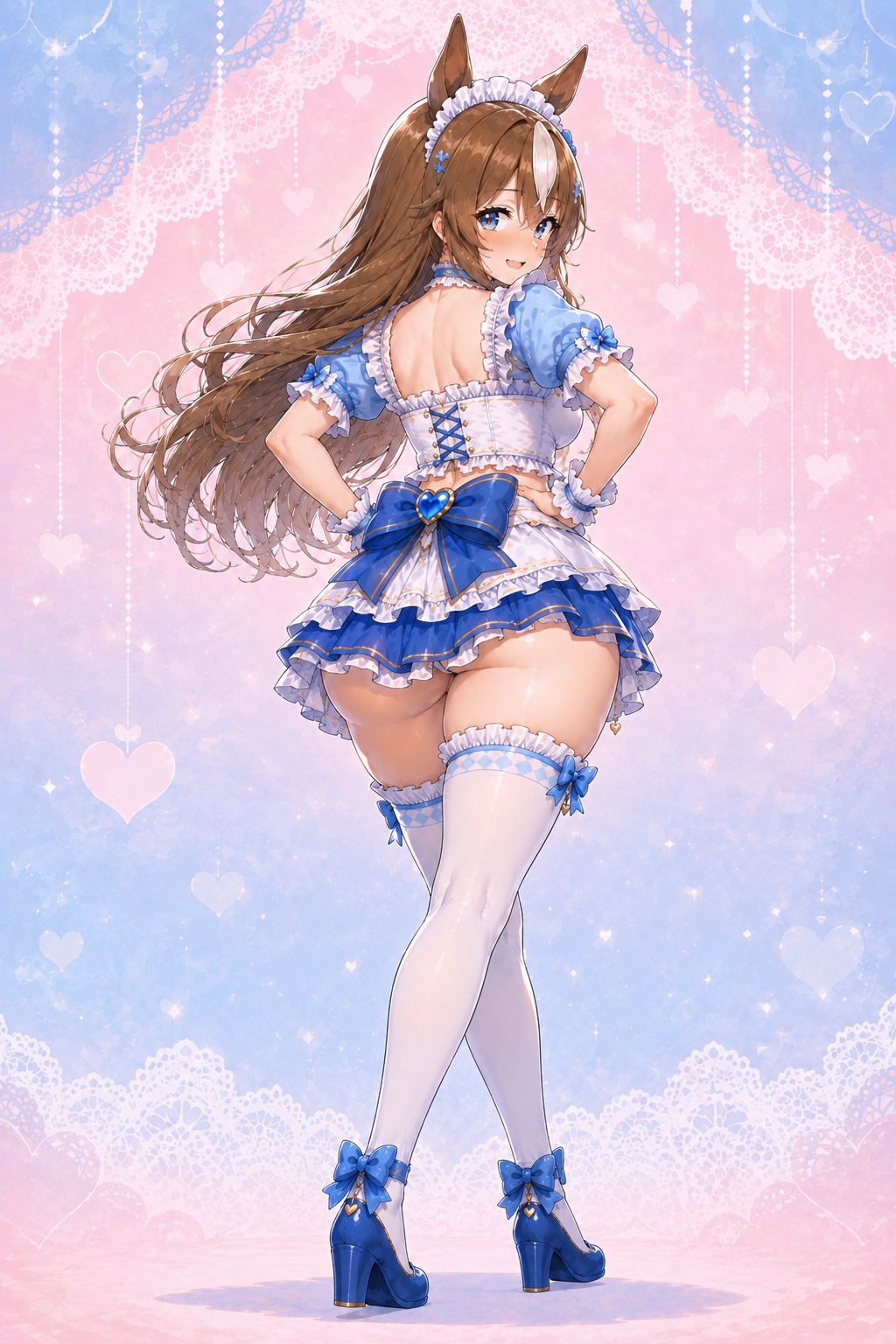 青と白のメイド衣装で腰に手を添え、笑顔で振り向くさたなちゃん