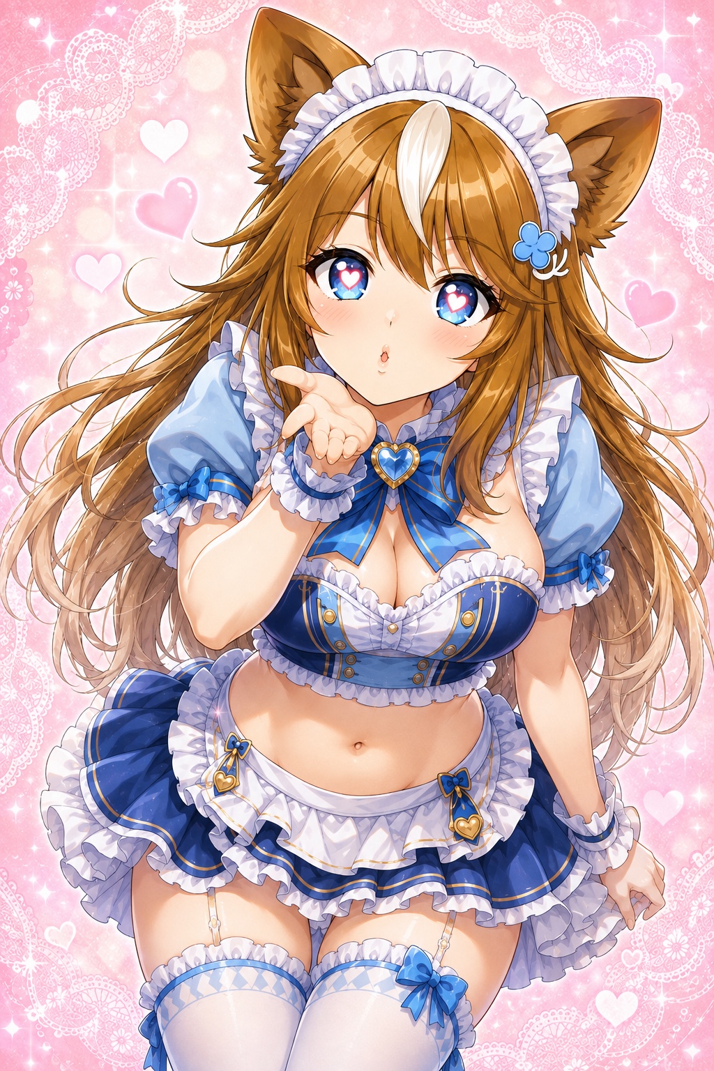 ピンクのハートとレースに包まれ、青いメイド衣装で投げキッスをするさたなちゃん