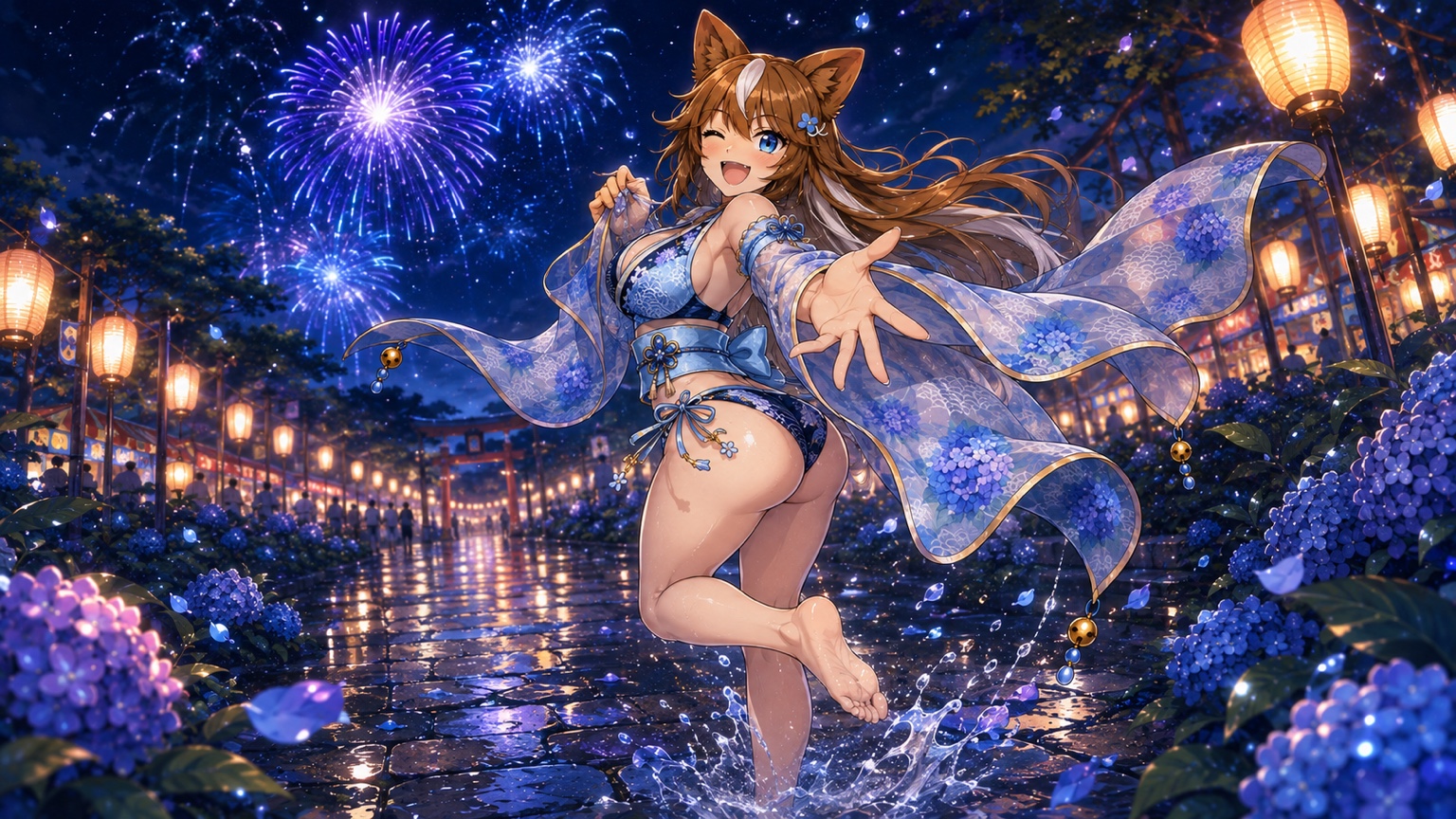 紫陽花が咲く雨上がりの夏祭りで、花火を背に笑顔で手を差し伸べるさたなちゃん