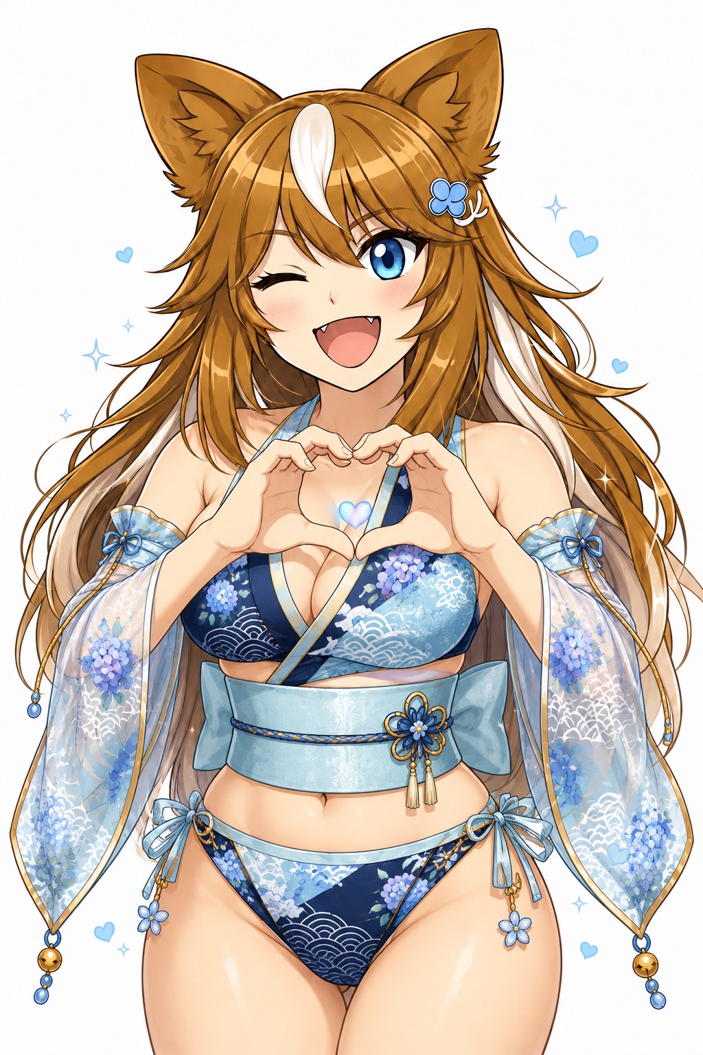 紫陽花模様の青い水着和装で、胸元に手のハートを作るさたなちゃん