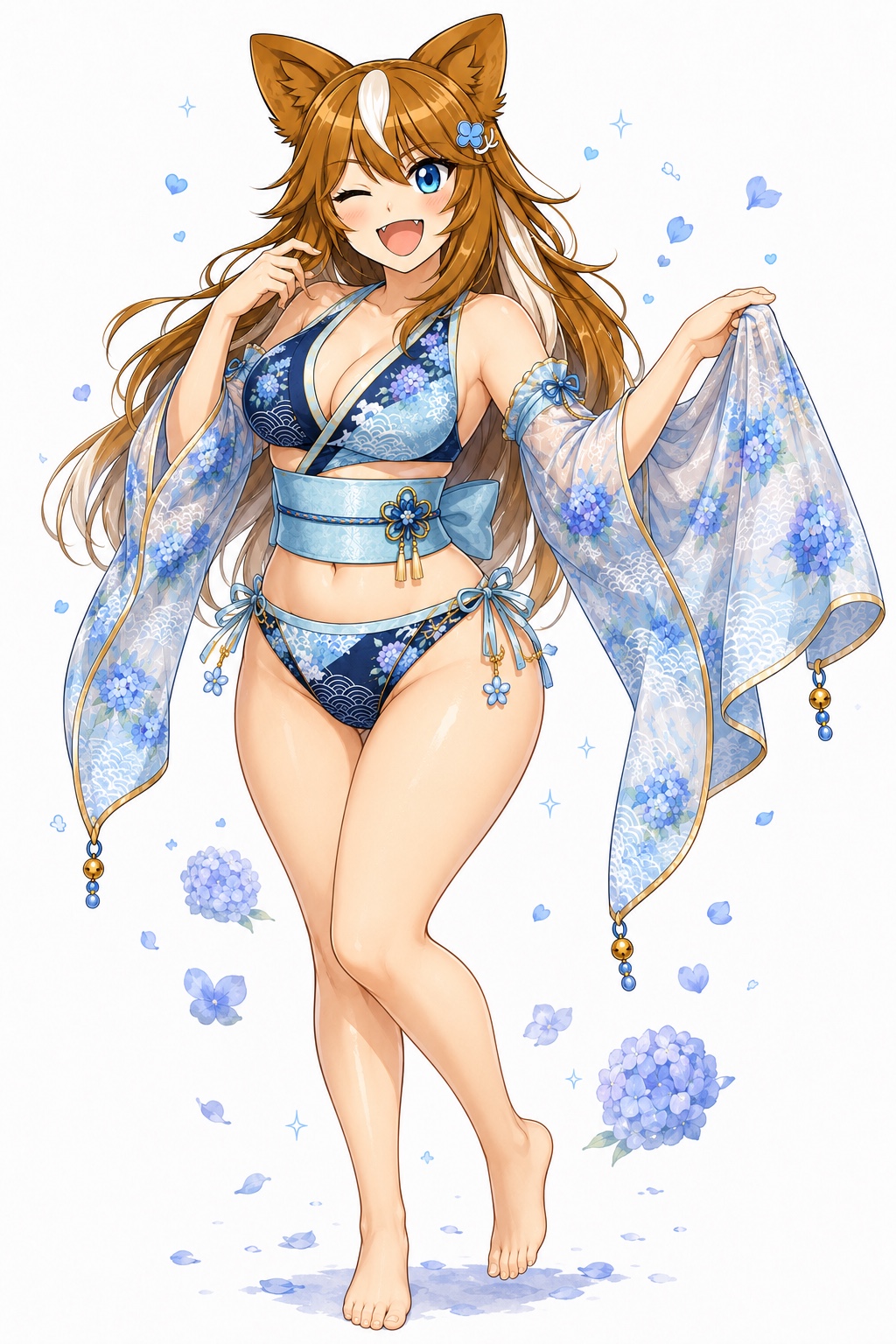 紫陽花模様の青い水着と透け感のある和風の羽織を着たさたなちゃん