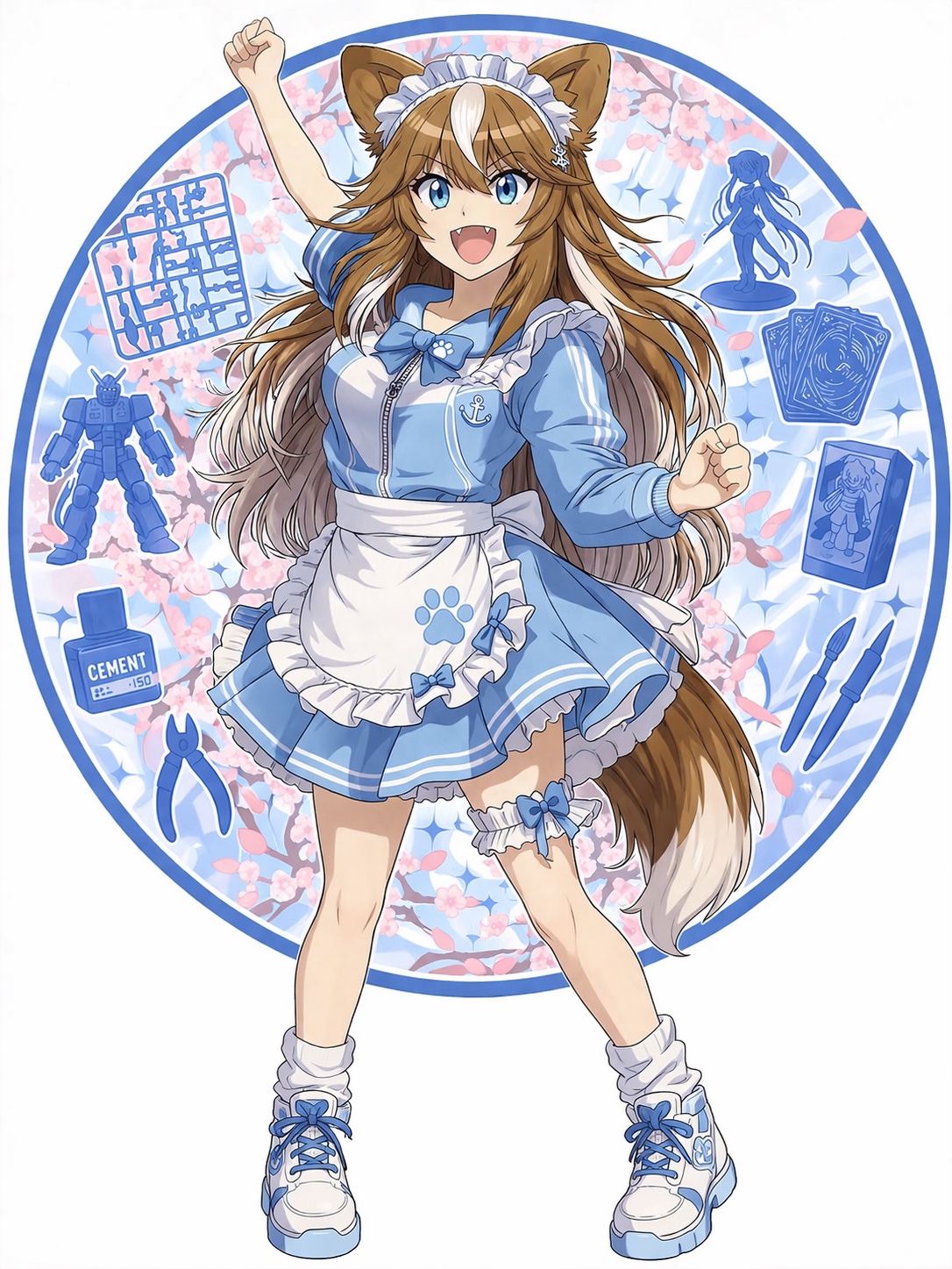 水色のジャージメイド衣装で元気に拳を上げるさたなちゃん