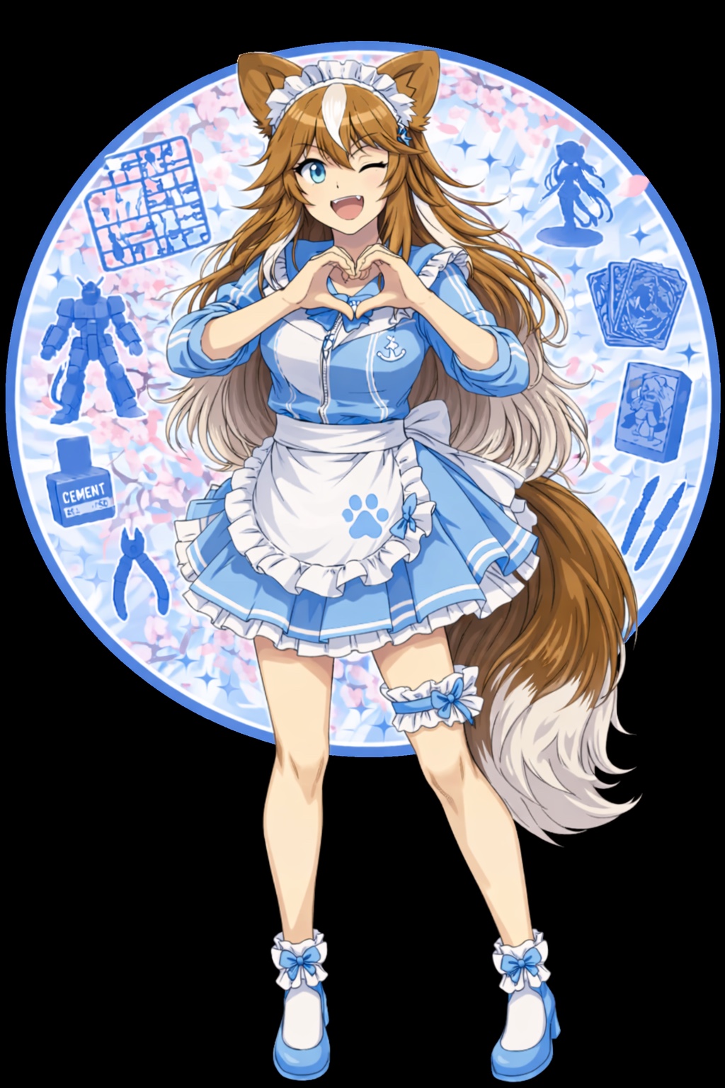 青いジャージメイド衣装で手のハートを作るさたなちゃん