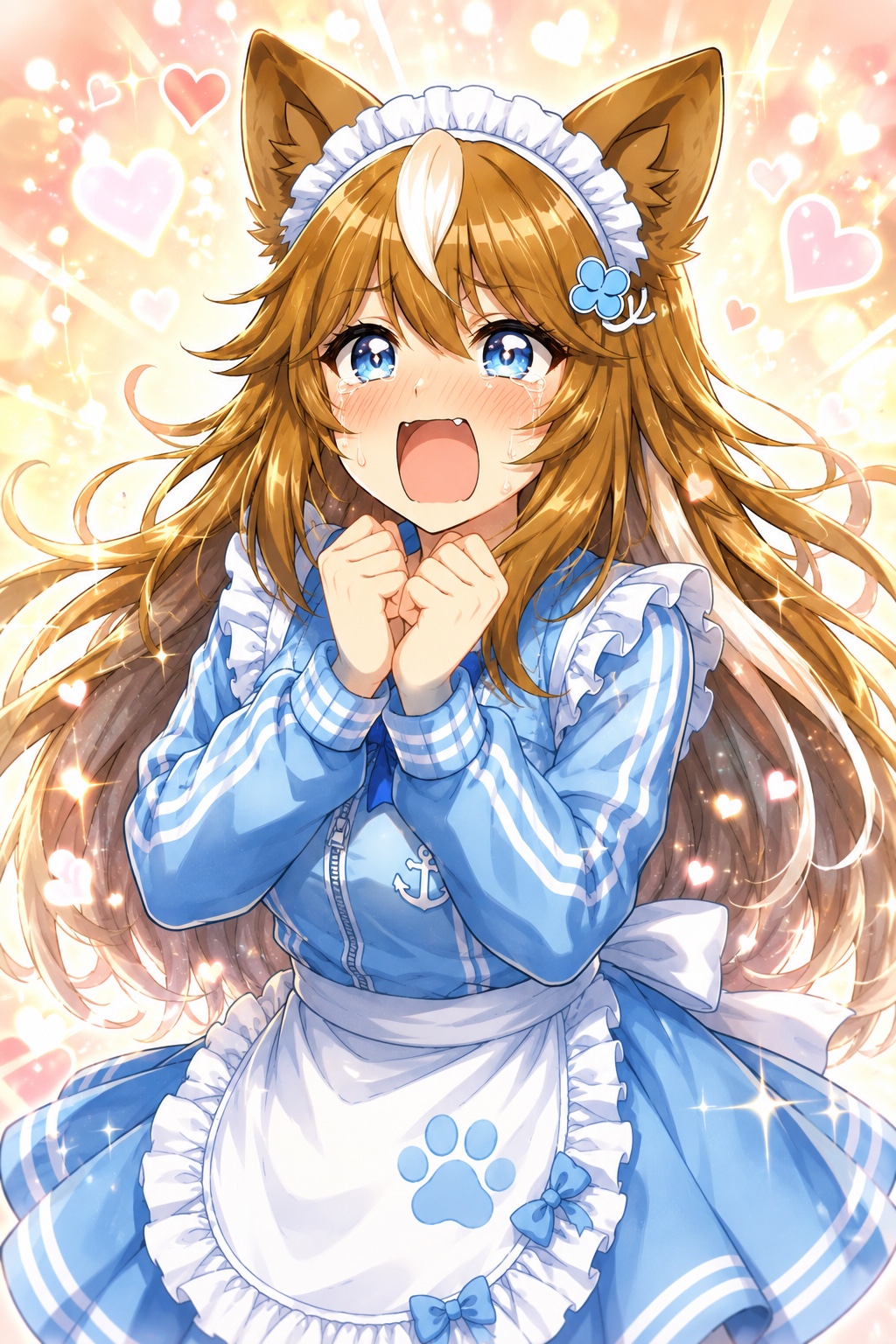 きらきらと涙を浮かべ、胸の前で両手を握るジャージメイド姿のさたなちゃん