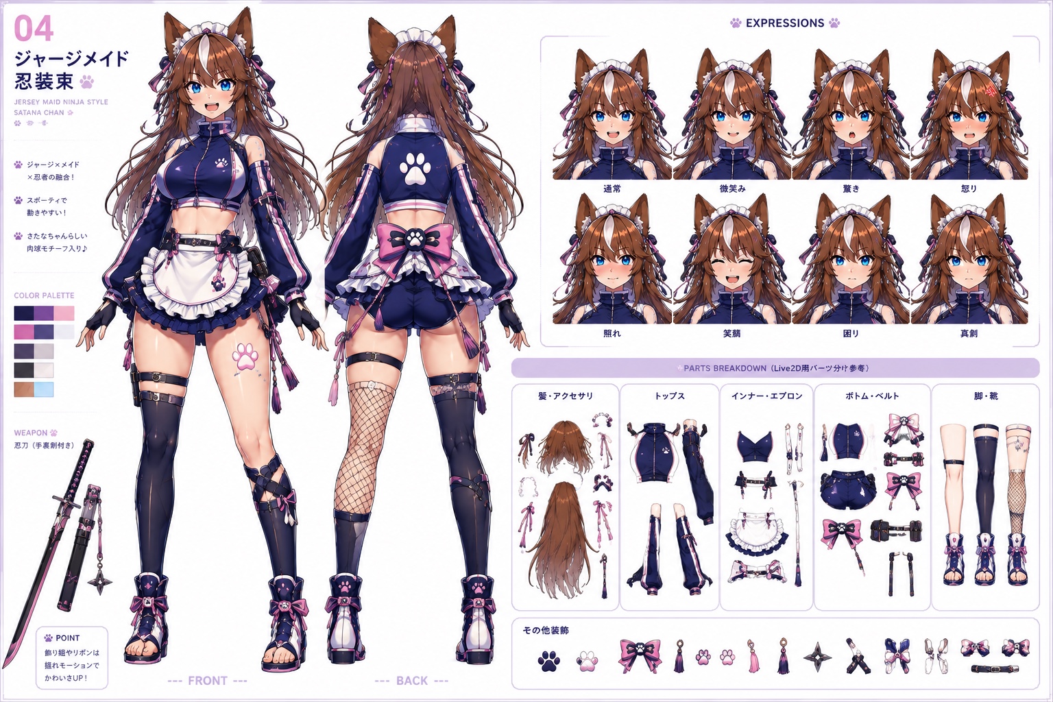 ジャージメイド忍装束の前後デザインと表情、パーツをまとめた設定画