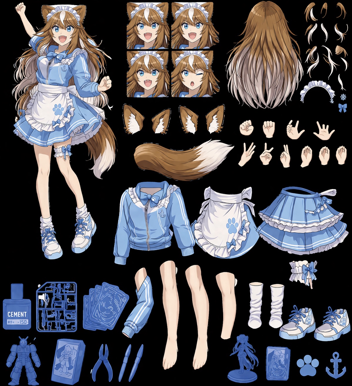 ジャージメイド衣装の表情や髪、耳、手、服装などを分解したパーツ設定画