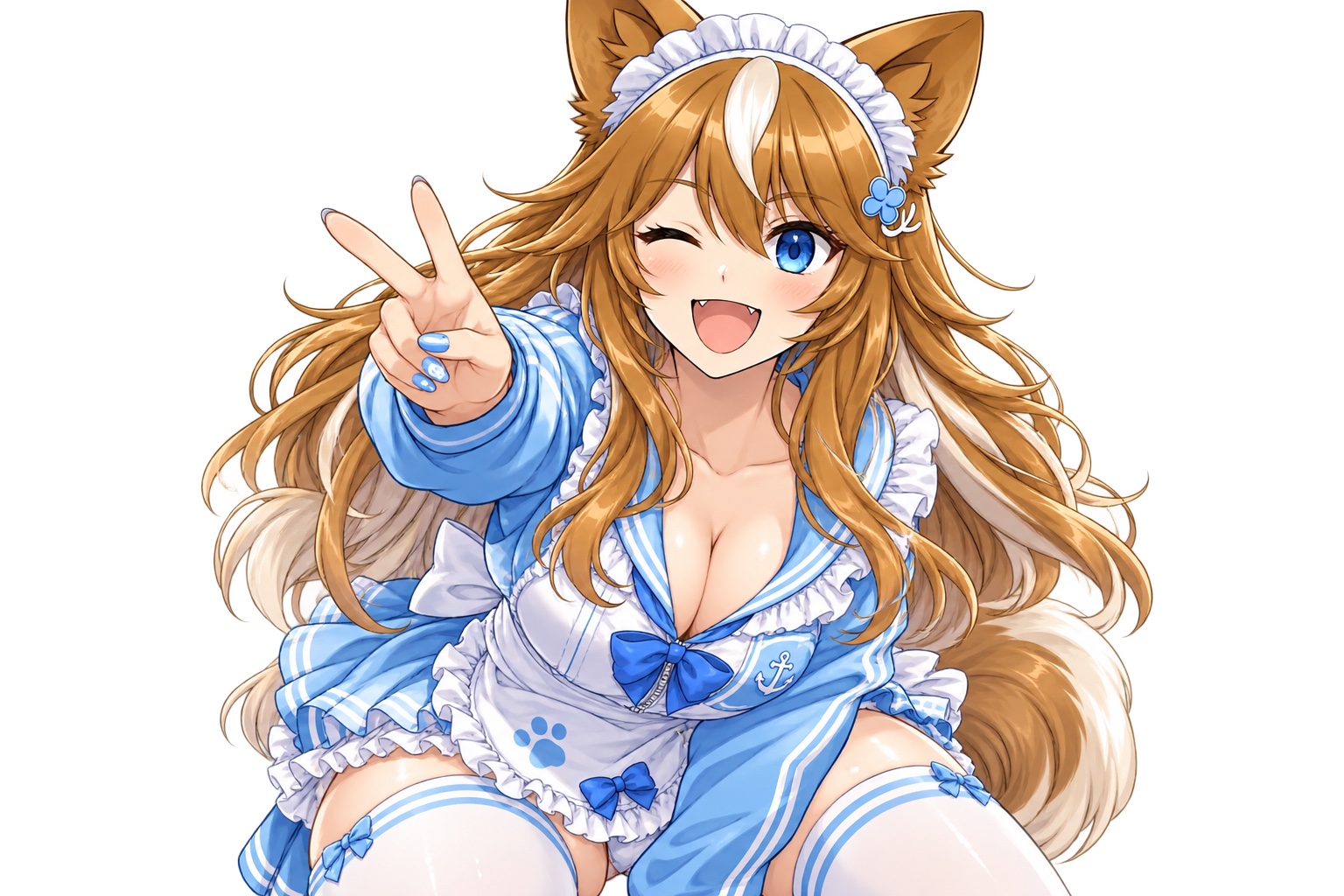 白い背景でウインクしながらピースサインを見せる、青いジャージメイド姿のさたなちゃん