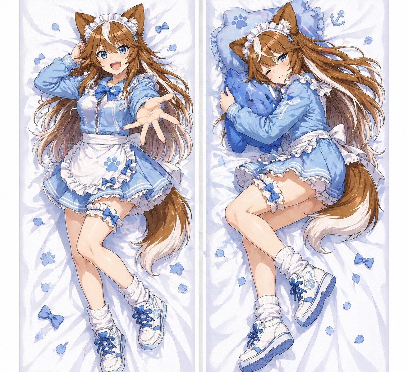 ジャージメイド姿で手を差し伸べる姿と、青いクッションを抱いて眠るさたなちゃん