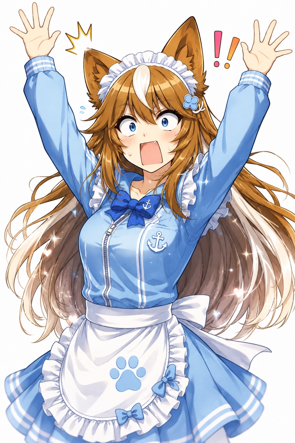 驚いた表情で両手を高く上げるジャージメイド姿のさたなちゃん
