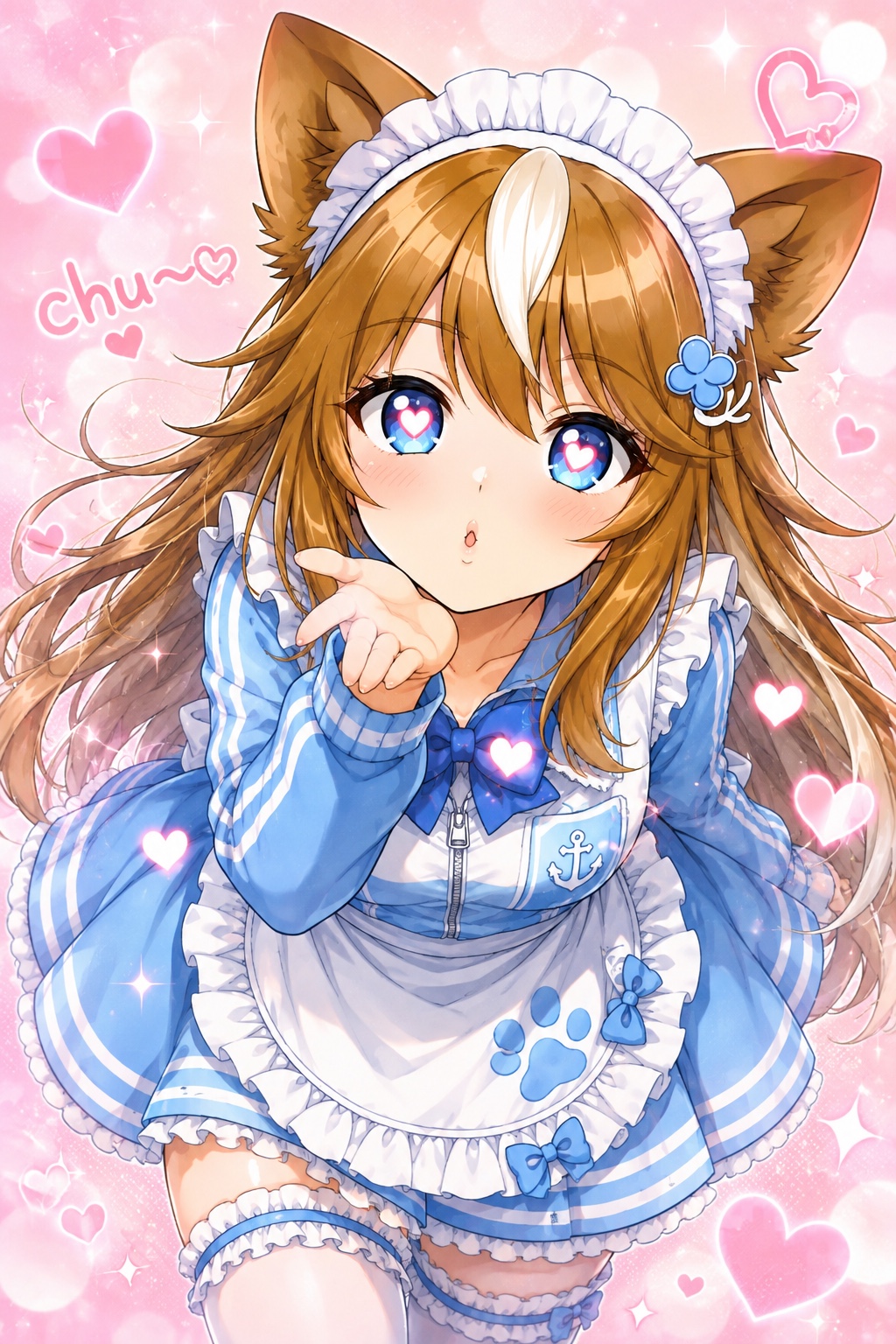 ハートの瞳で手のひらから投げキッスをするジャージメイド姿のさたなちゃん