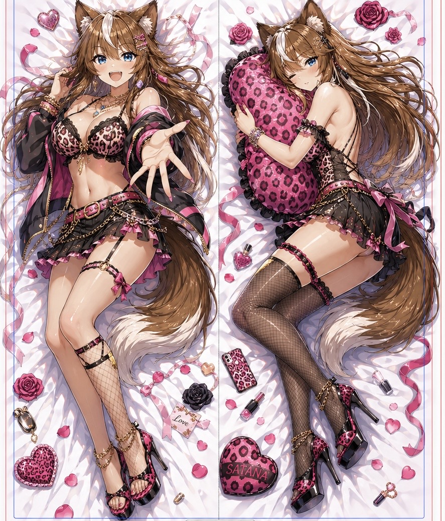 黒とピンクのレオパード衣装で、表裏のポーズを描いたさたなちゃんの抱き枕デザイン