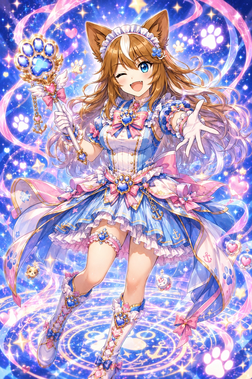 青とピンクのきらびやかな魔法少女衣装で肉球モチーフの杖を構えるさたなちゃん