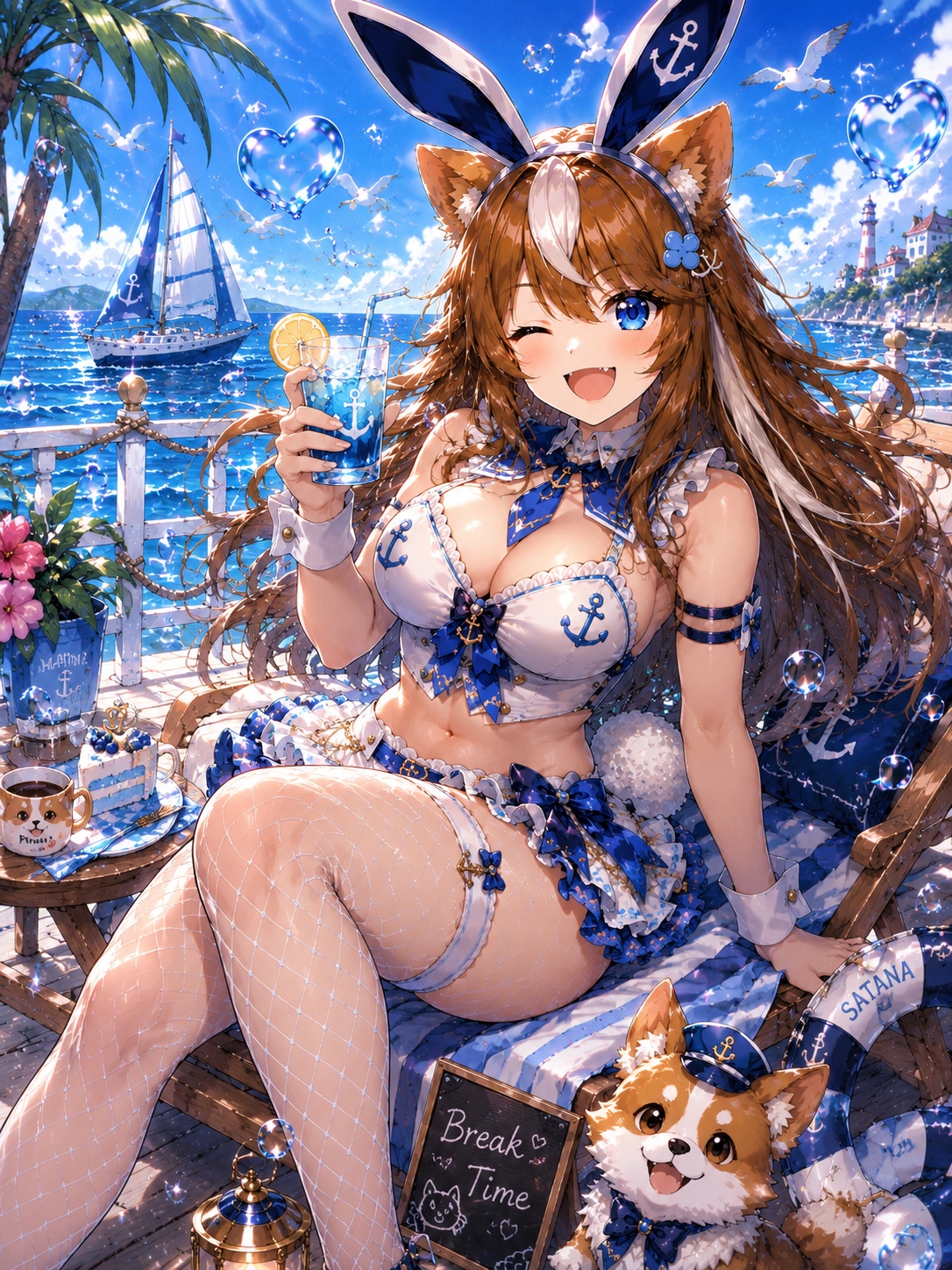 青い海を望むテラスでドリンクを手にくつろぐマリンバニー姿のさたなちゃん