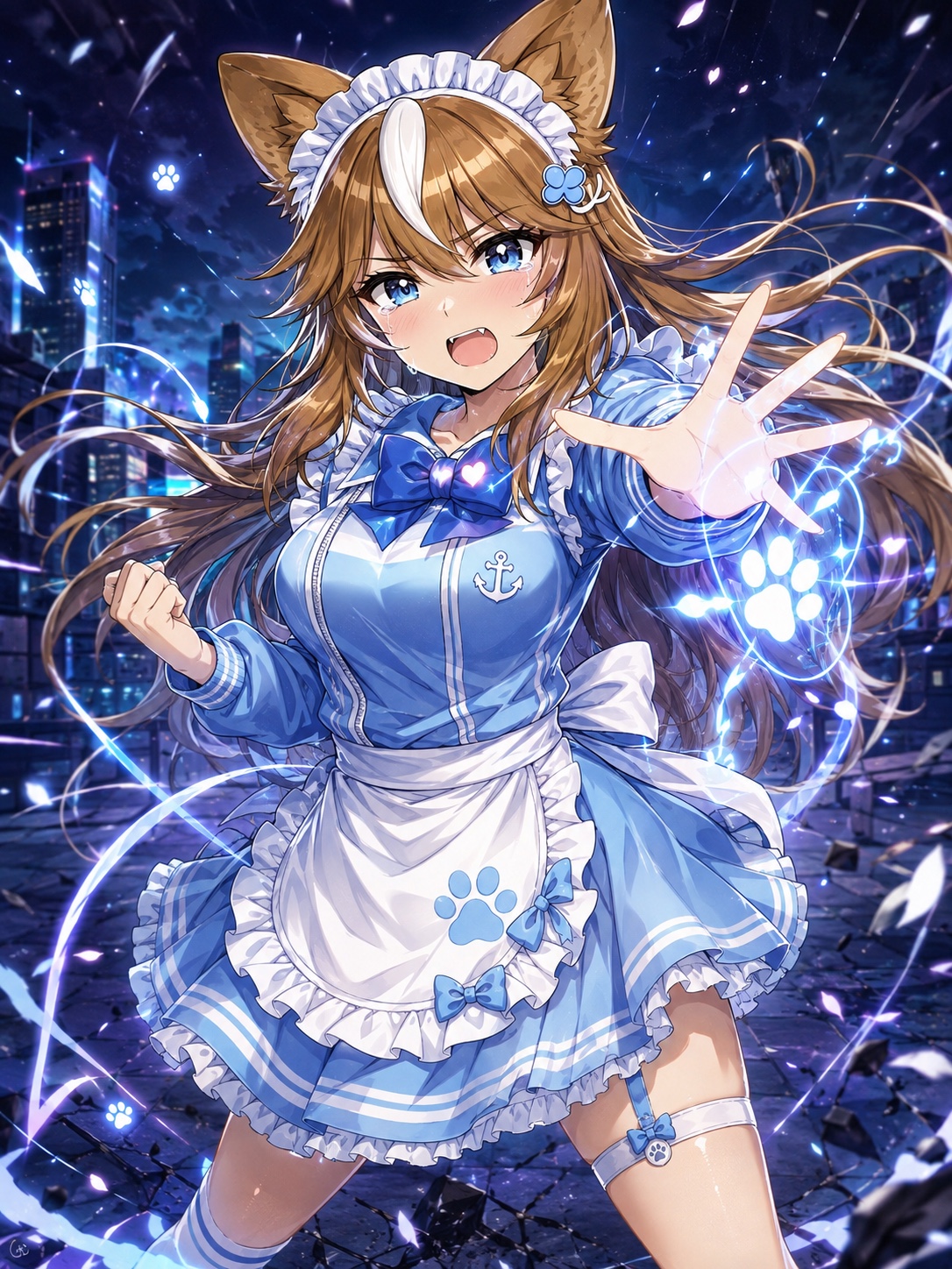 夜の街で光る肉球の魔法を放つジャージメイド姿のさたなちゃん