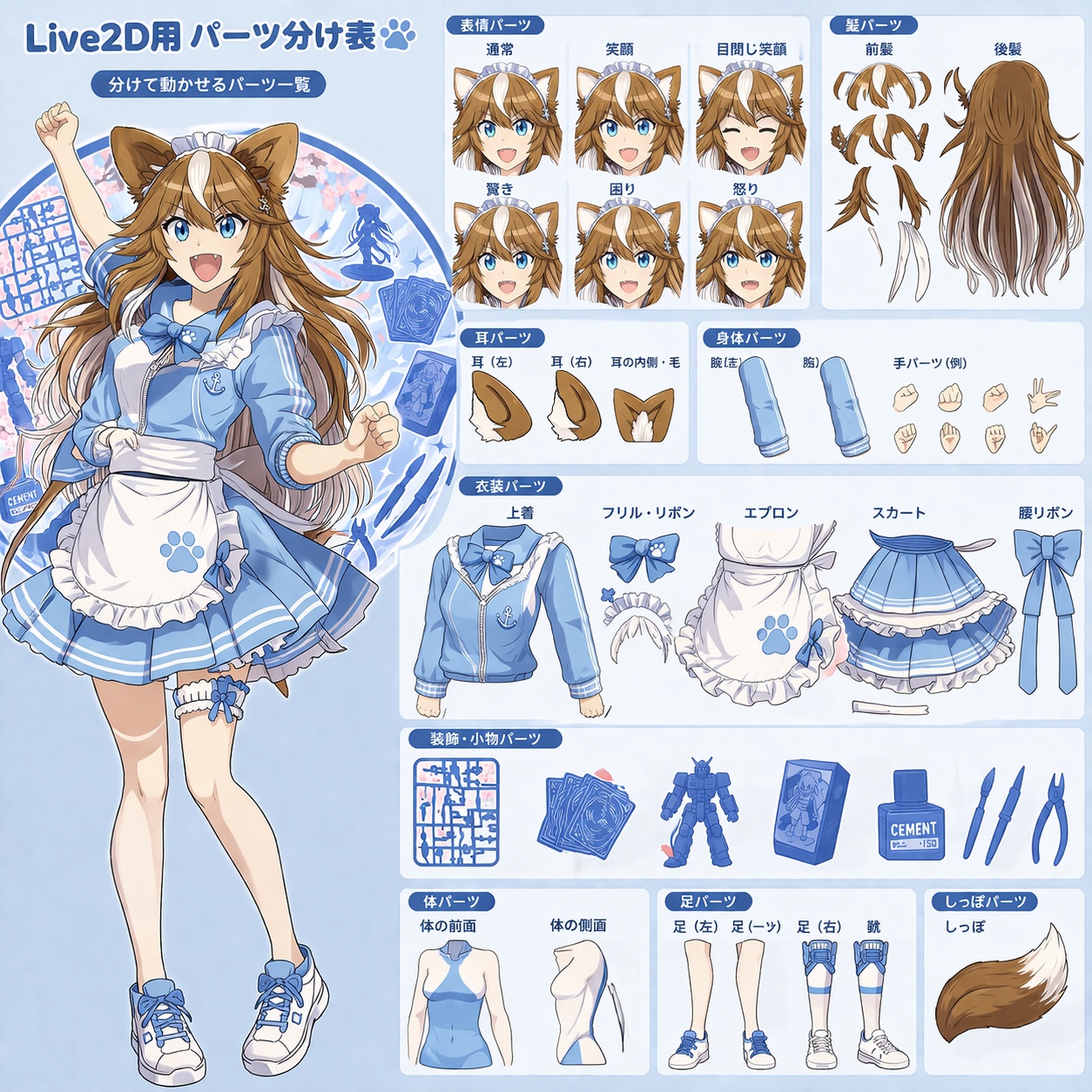 さたなちゃんの基本デザイン、表情、髪、耳、衣装、手足、しっぽなどをまとめたLive2D用パーツ分け設定画