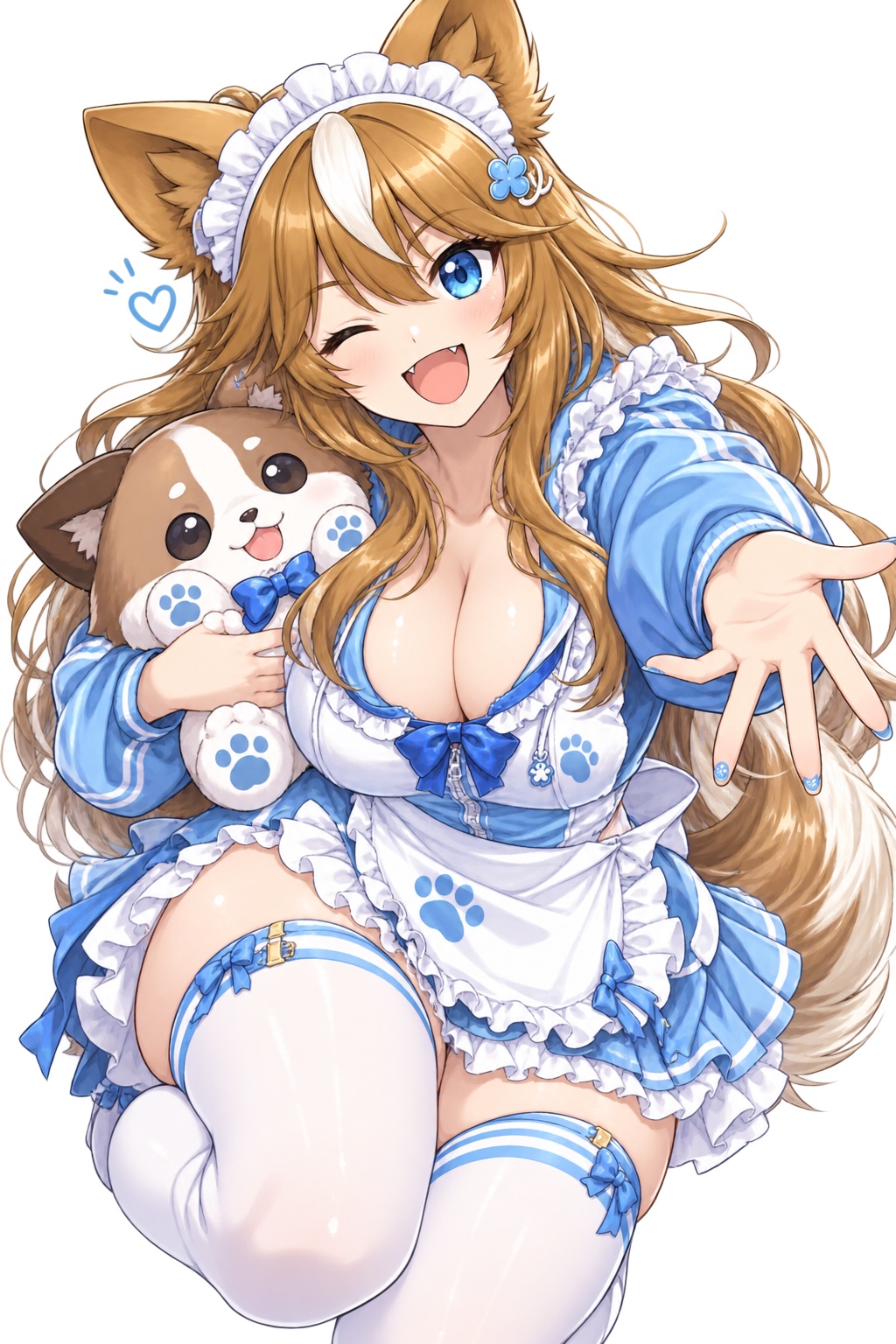 パピヨンのぬいぐるみを抱き、ウインクしながら手を差し伸べるジャージメイド姿のさたなちゃん