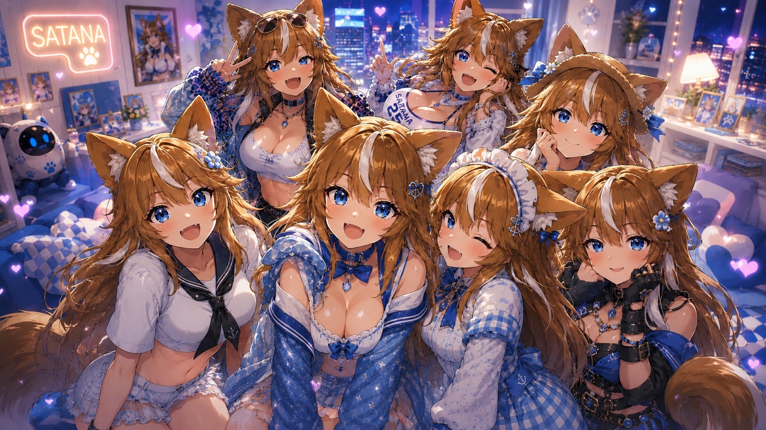 さまざまな青い衣装を着た7人のさたなちゃんがホビールームに集まった記念写真