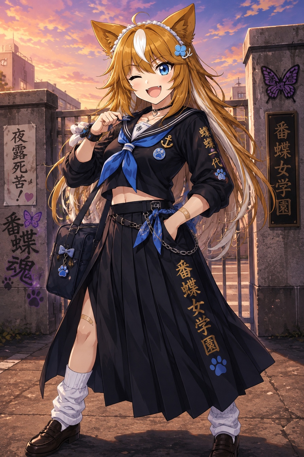 夕焼けの校門前で黒いセーラー服とロングスカートを着こなすスケバン風のさたなちゃん