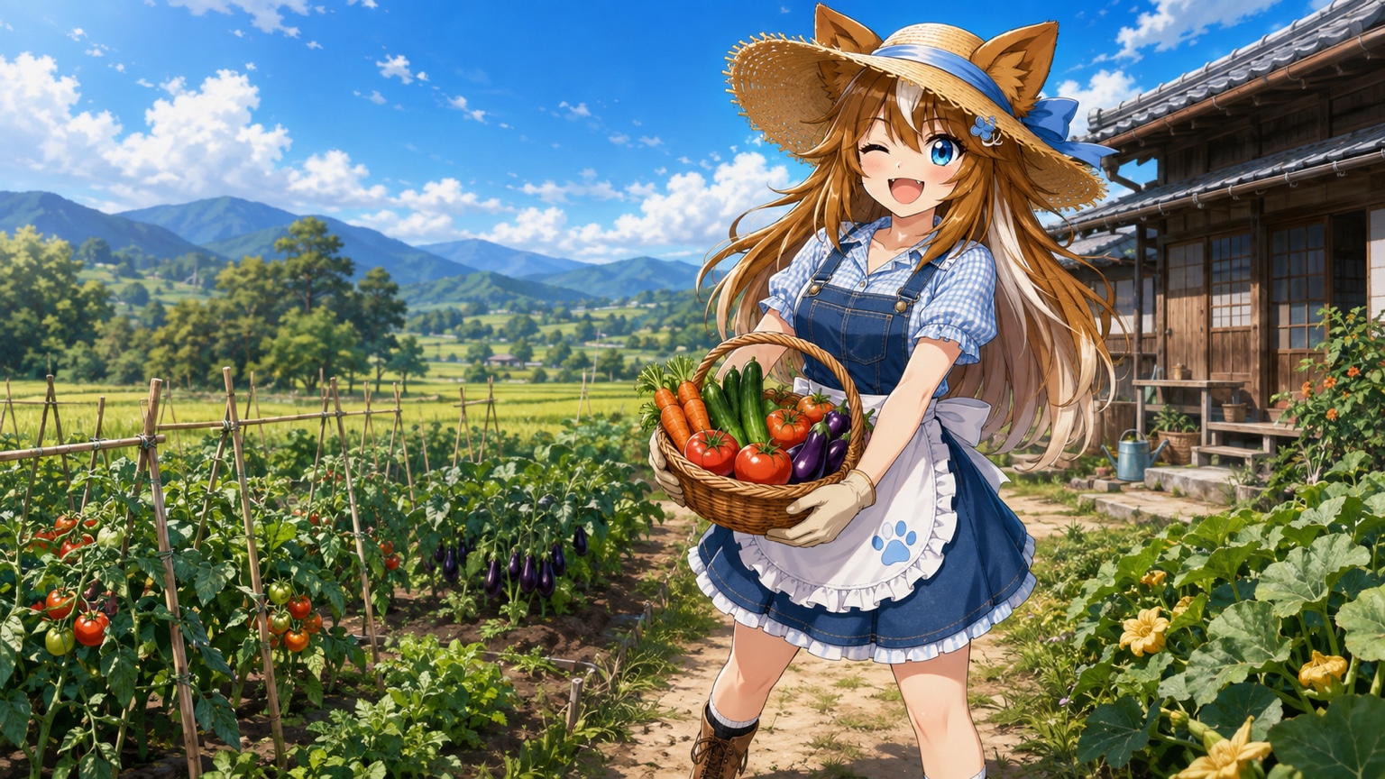 青空の畑で採れたての夏野菜をかごいっぱいに抱えるさたなちゃん