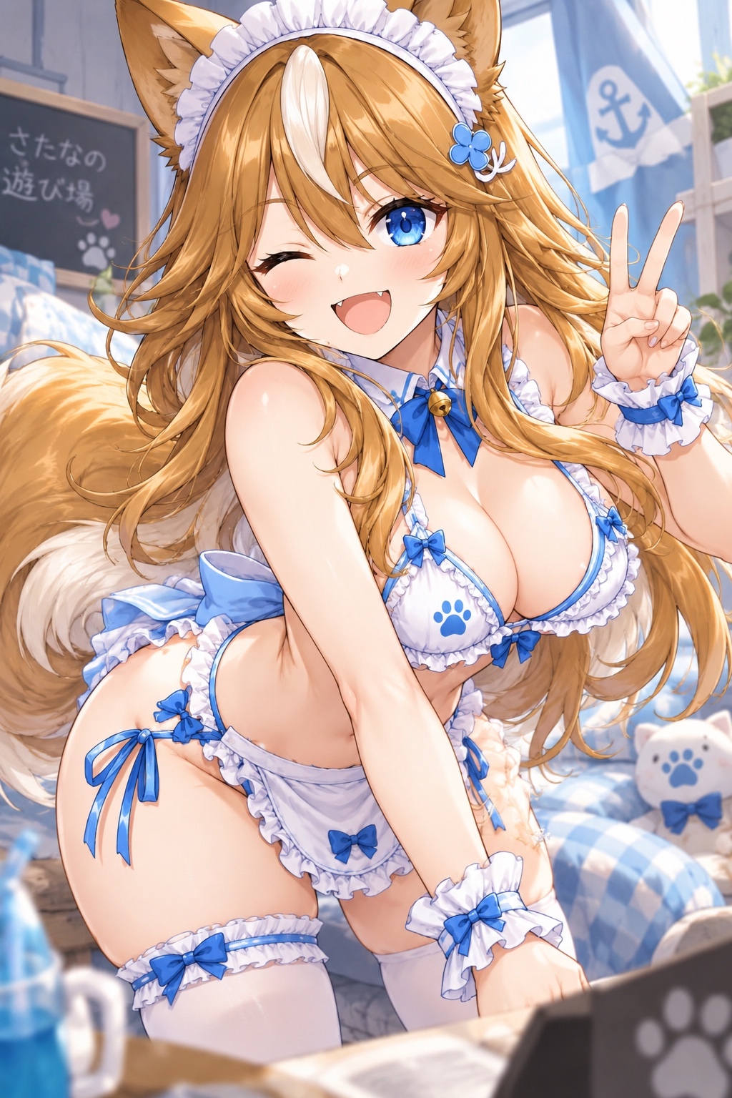 夏の日差しが差し込む部屋で、青と白のフリル衣装をまといピースするさたなちゃん