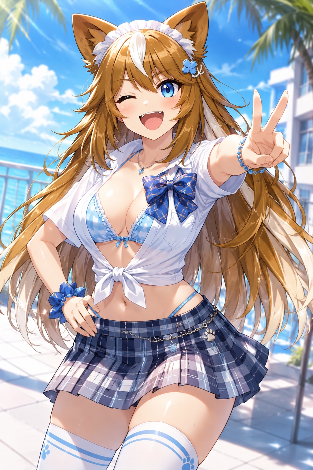 青空と海を背景に、白いシャツと青いチェック柄スカートでピースするさたなちゃん