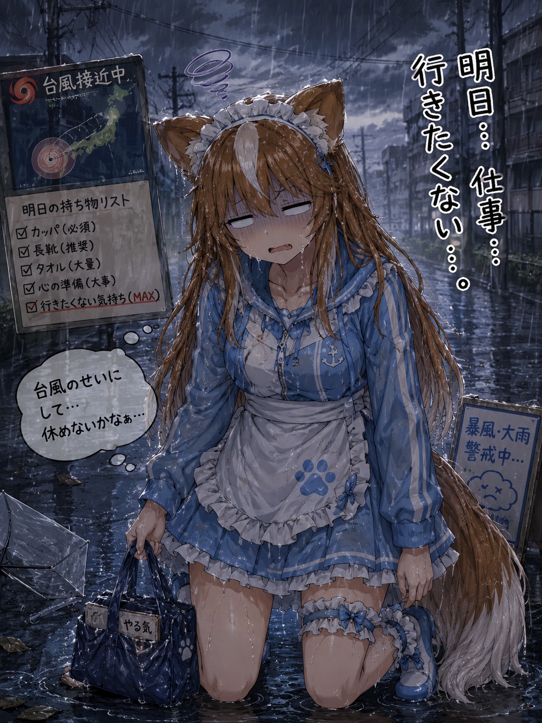 台風の大雨の中、仕事へ行きたくない気持ちで膝をつくジャージメイド姿のさたなちゃん