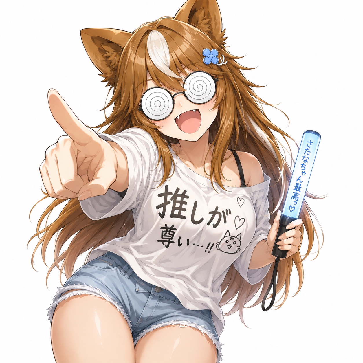 ぐるぐる眼鏡と推しへの愛を書いたシャツを身につけ、青いペンライトを振るさたなちゃん