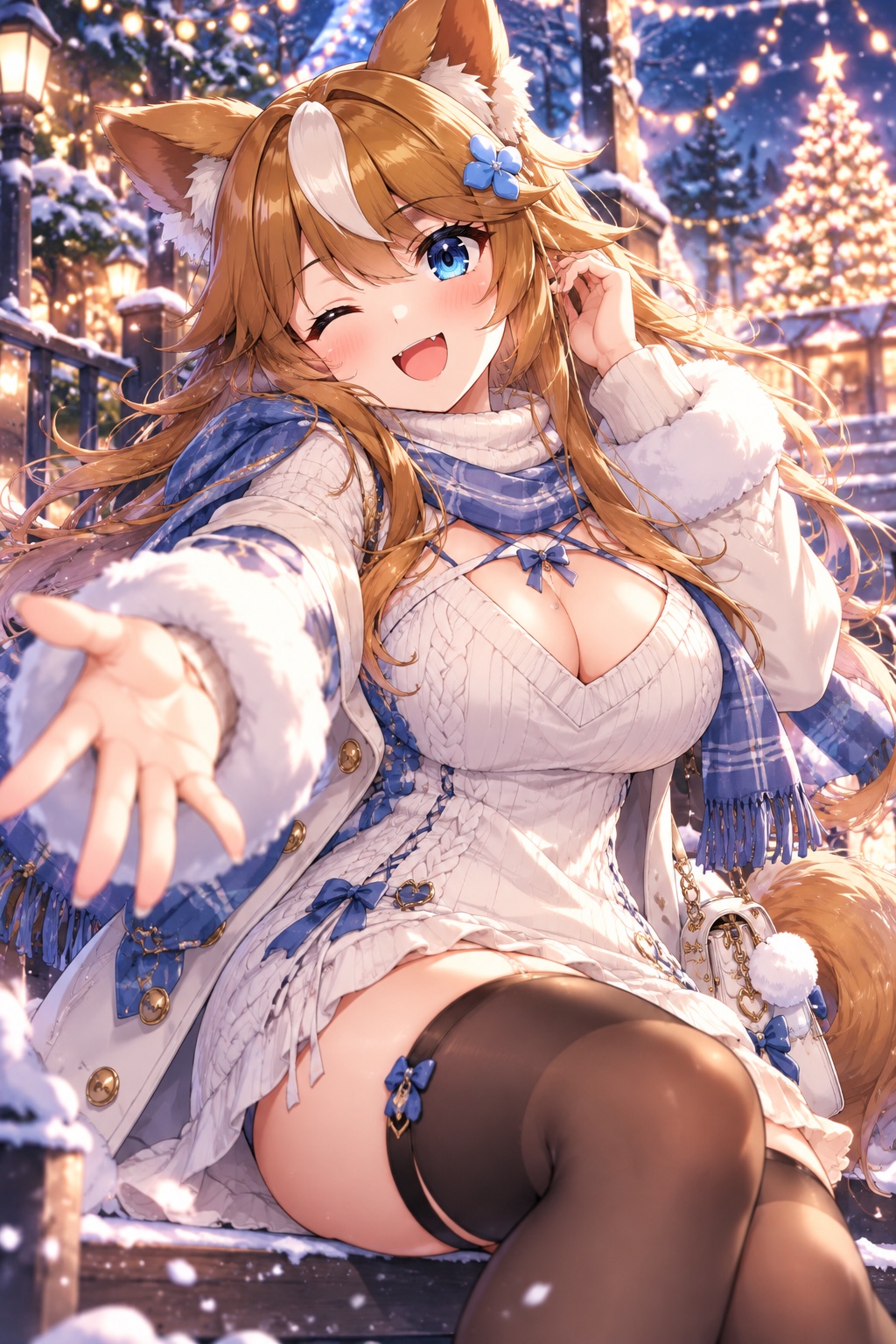 雪のクリスマス街で白い冬服と青いマフラーを着て手を差し伸べるさたなちゃん