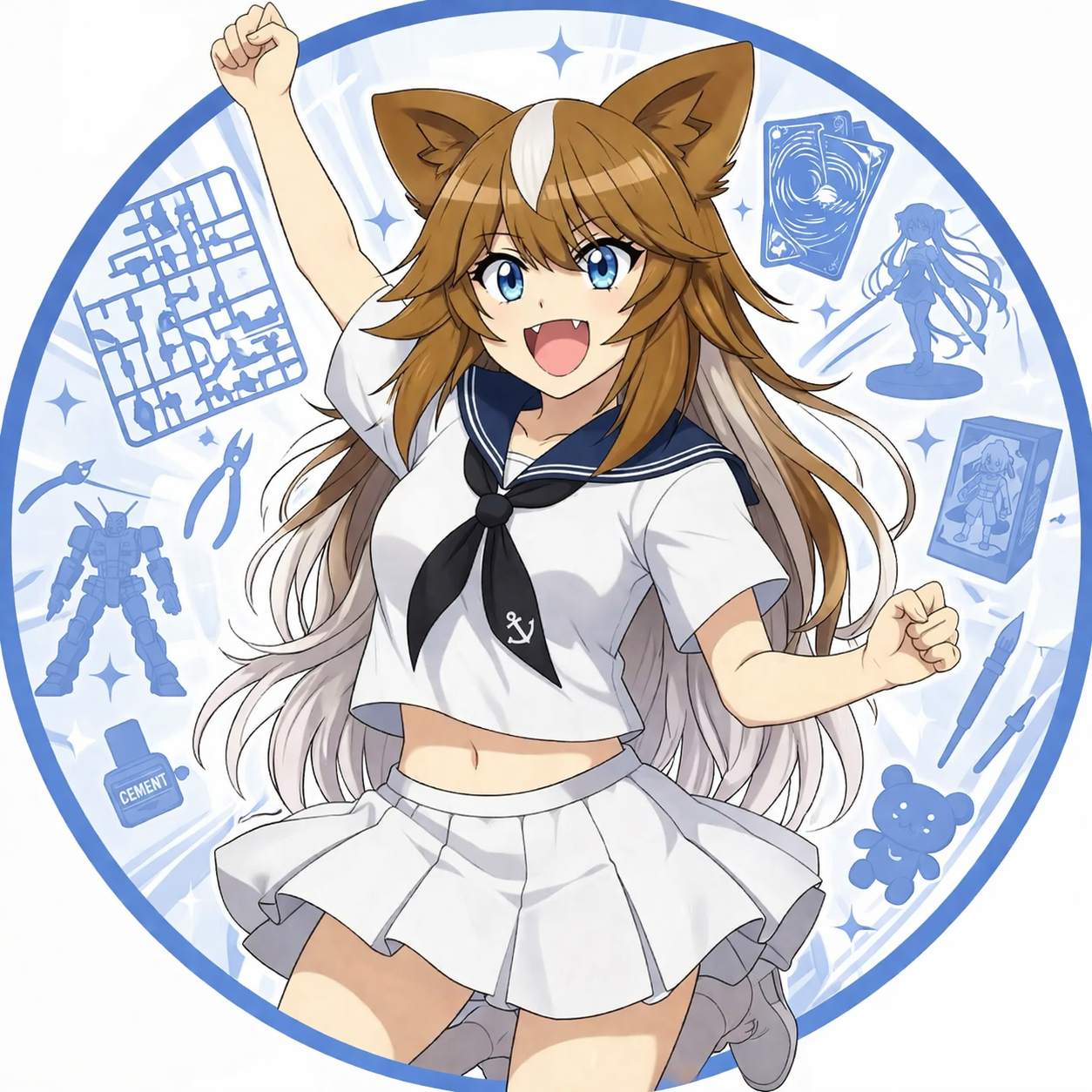 白いセーラー服で元気に拳を上げる、さたなの遊び場のさたなちゃん