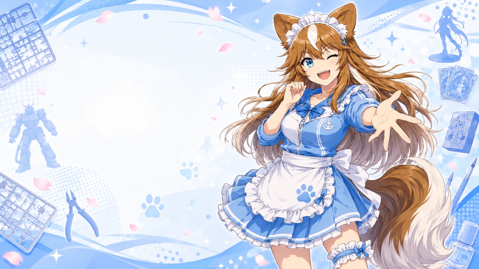 青いジャージメイド衣装で笑顔で手を差し伸べる、さたなの遊び場のさたなちゃん